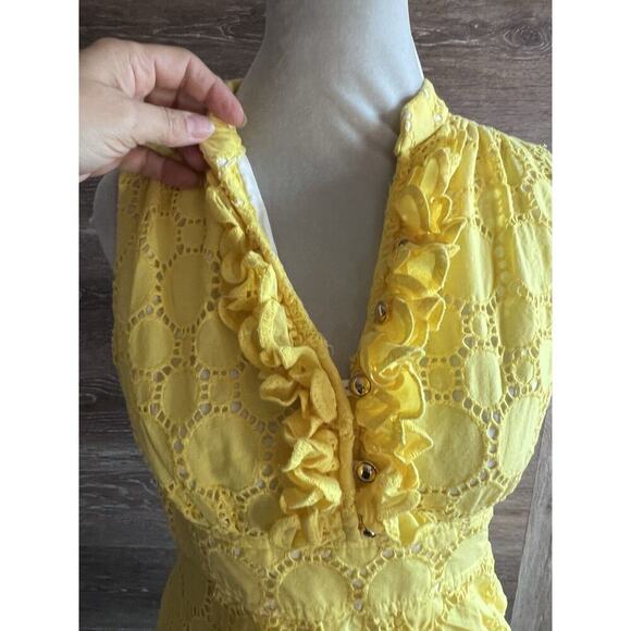 Shoshanna Women Dress Yellow Eyelet Deep V Neck Size 4 Sleeveless Spring Summer - Picture 3 of 10